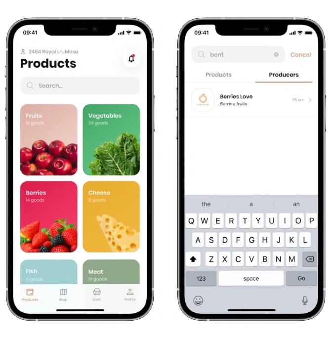 Noah app phone screens showing the product category grid and a search on the Producers tab with one result.