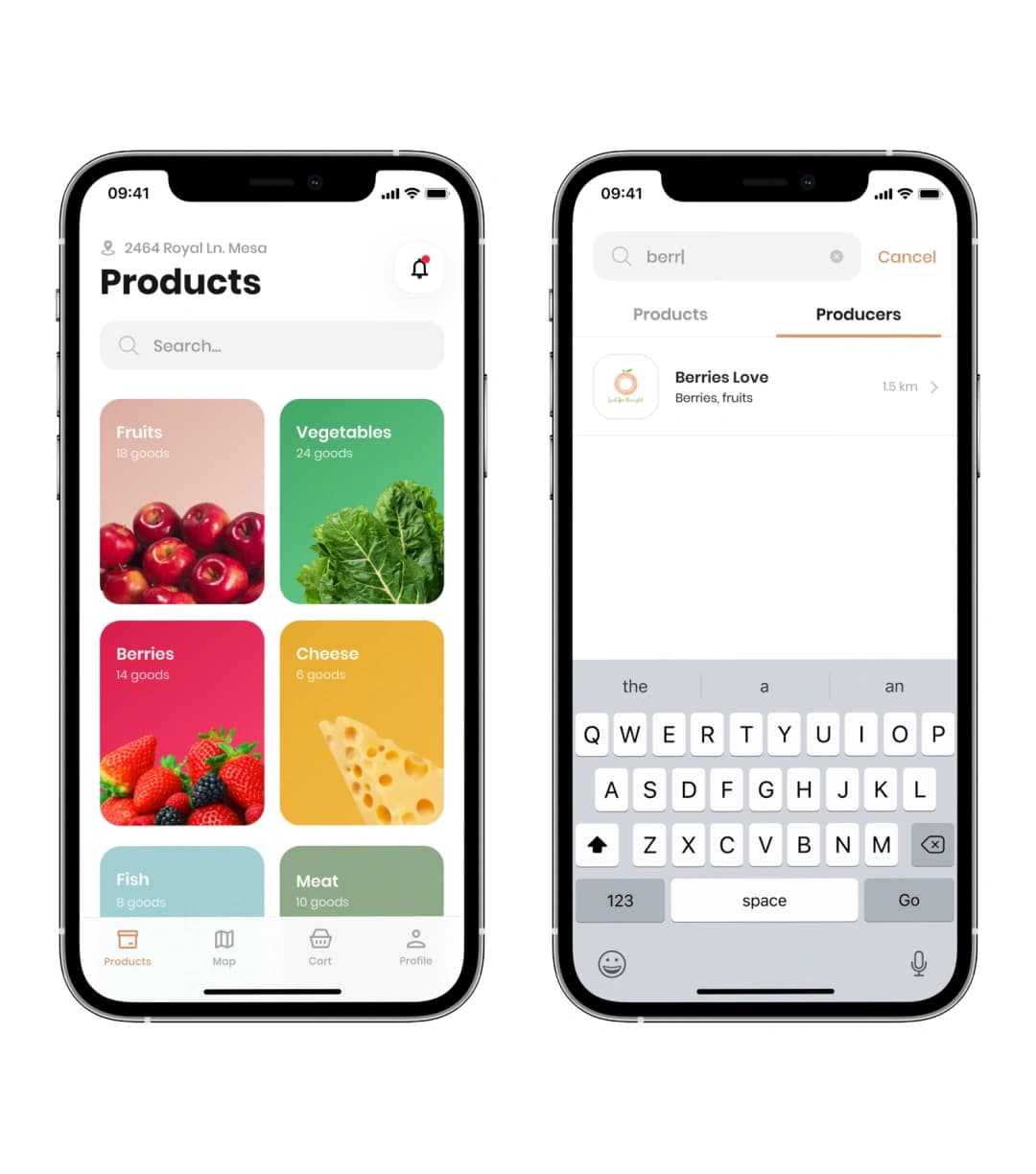 Noah app phone screens showing the product category grid and a search on the Producers tab with one result.
