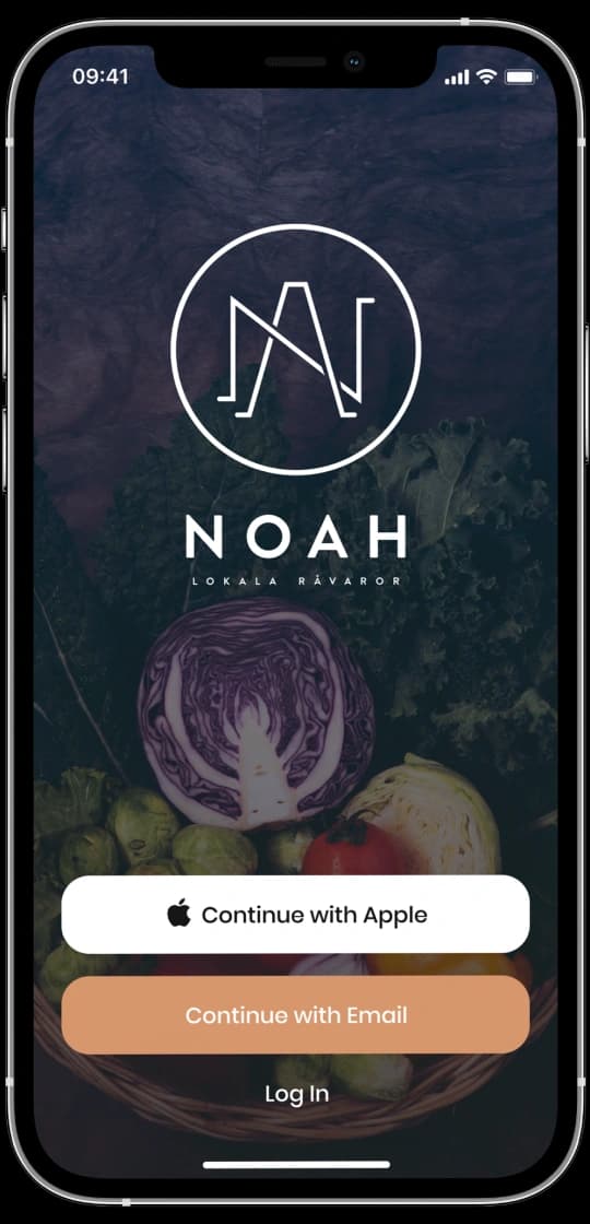 Noah app sign-in screen offering Apple and email login over a produce background.