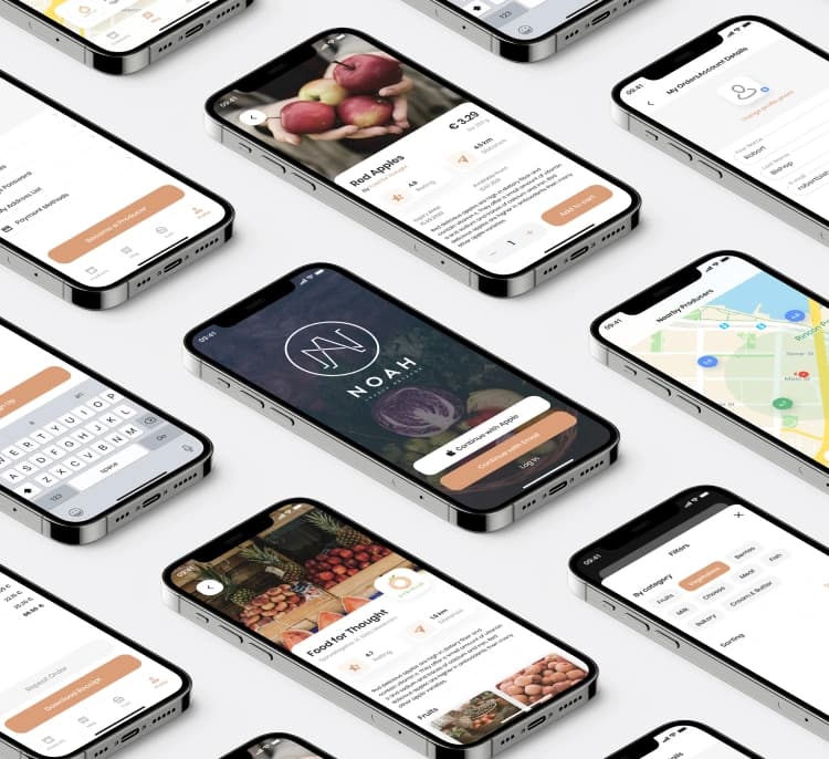 Noah app screens in an angled phone mockup: sign-in, product page, map search and account settings.