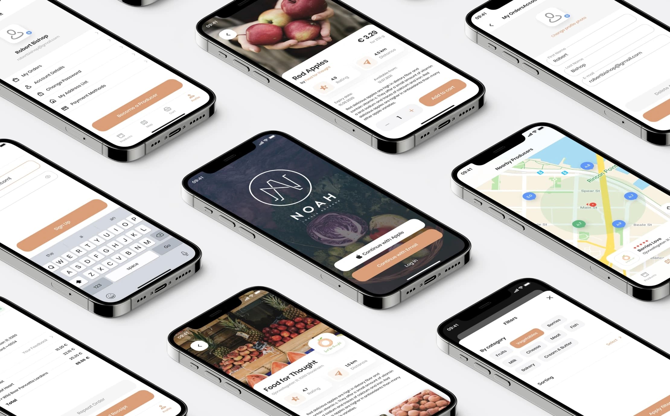 Noah app screens in an angled phone mockup: sign-in, product page, map search and account settings.