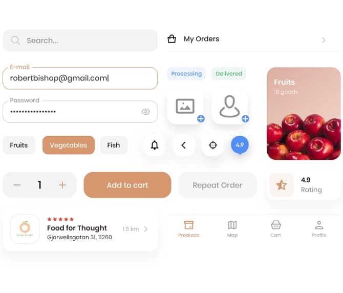 Noah app UI kit with search, order, cart, rating and category interface components.