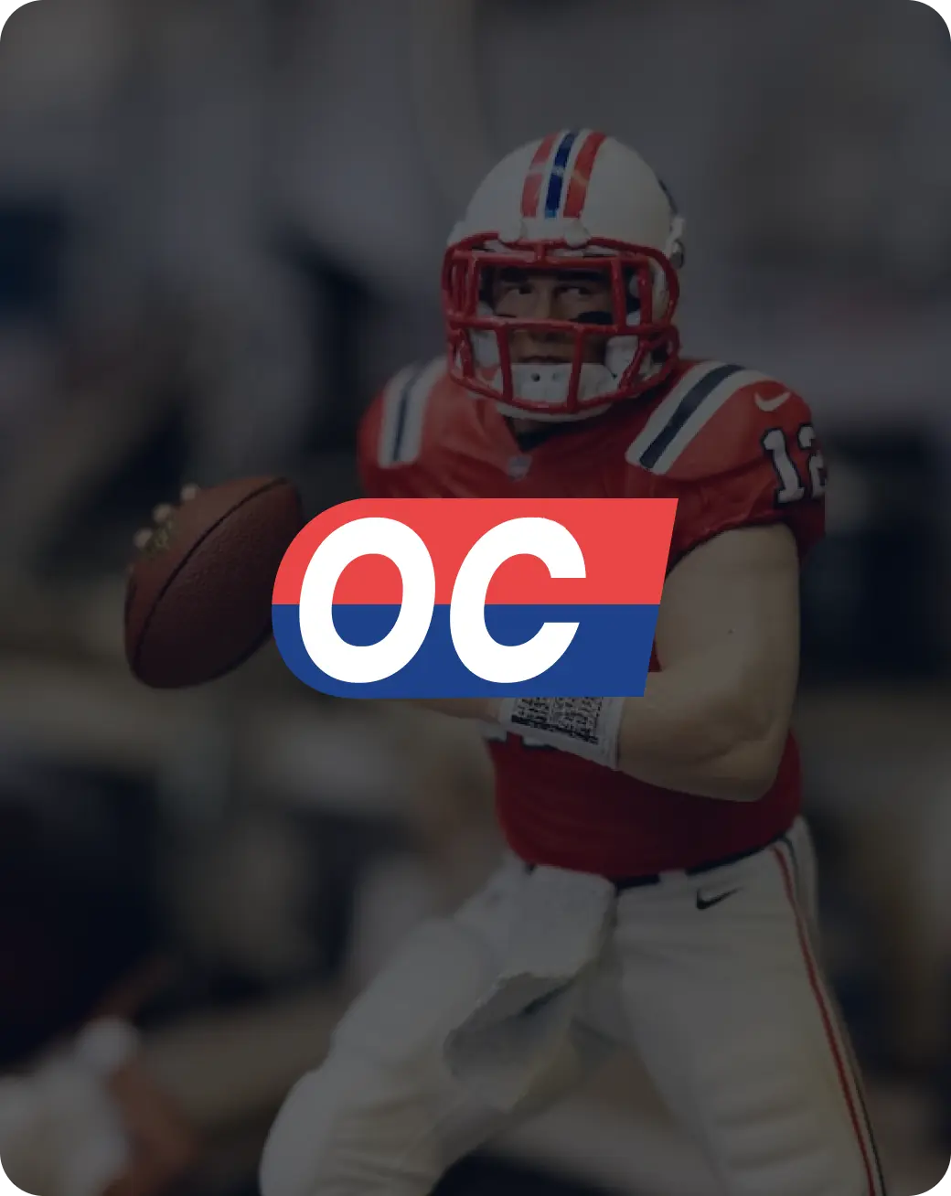OddsCrowd OC monogram over a photo of an American football player with a ball.
