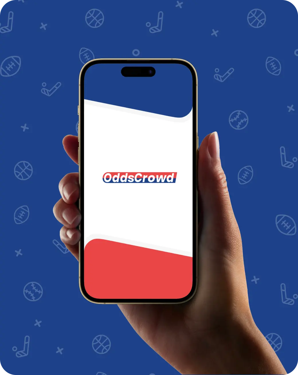 Smartphone displaying the OddsCrowd logo screen on a patterned sports background.