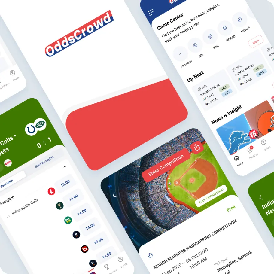 Collage of OddsCrowd app screens: Game Center, best odds, and competition entry.