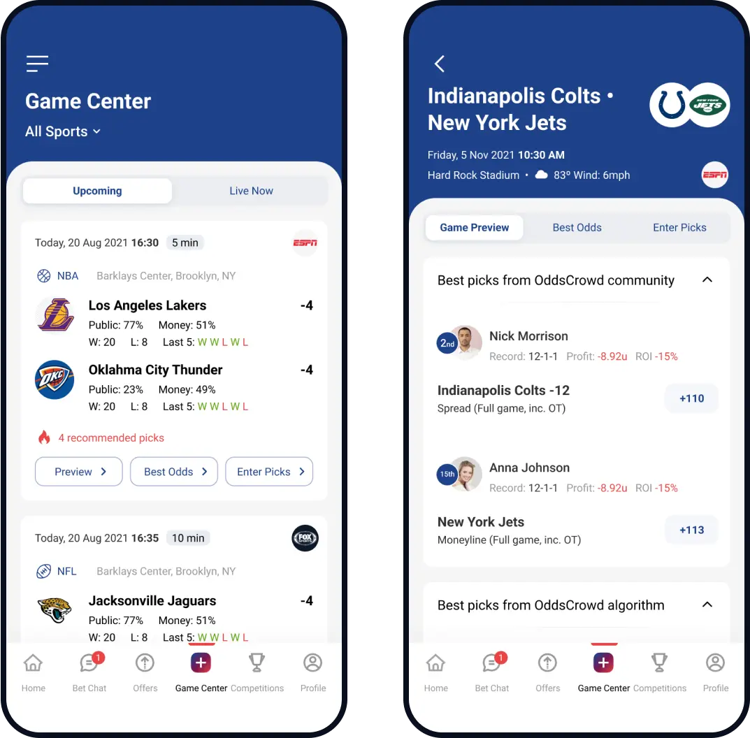 Game Center list of upcoming games and a game preview with community best picks.
