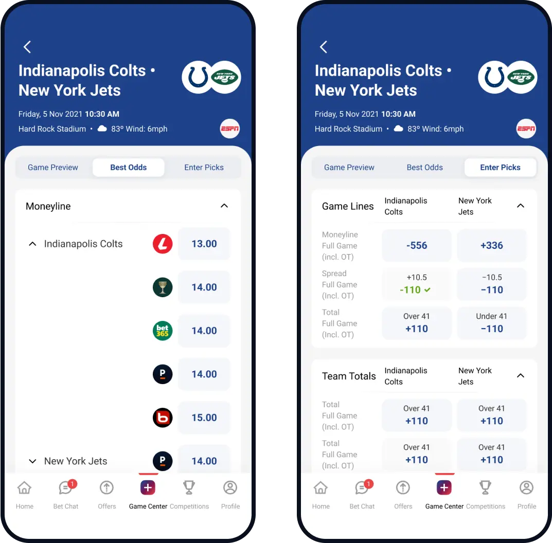 Best Odds and Enter Picks screens with moneyline odds and game lines for Colts vs Jets.
