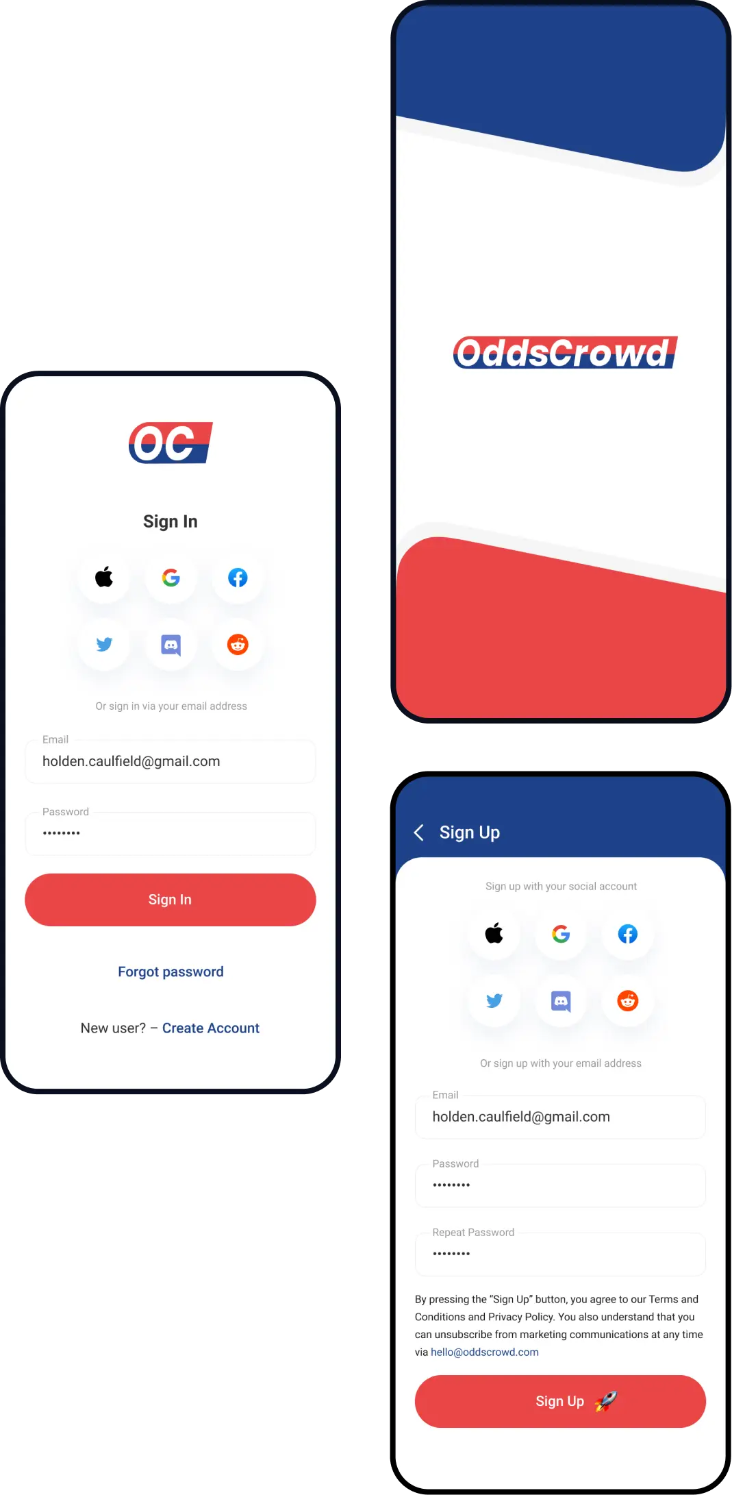 OddsCrowd app sign in and sign up screens beside branded red and blue panels.
