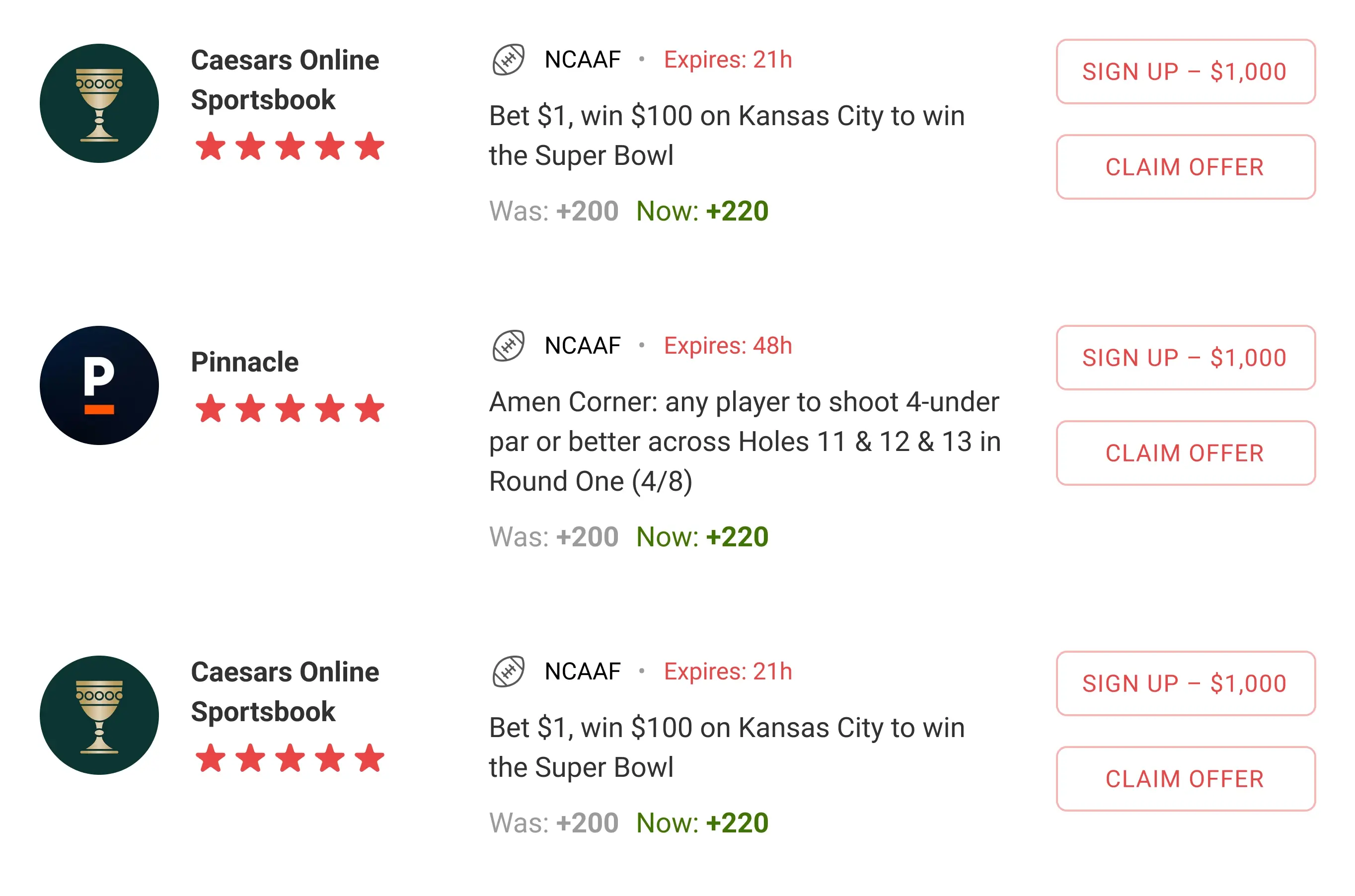 OddsCrowd odds boosts list with sportsbook offers showing raised odds and sign-up bonuses.