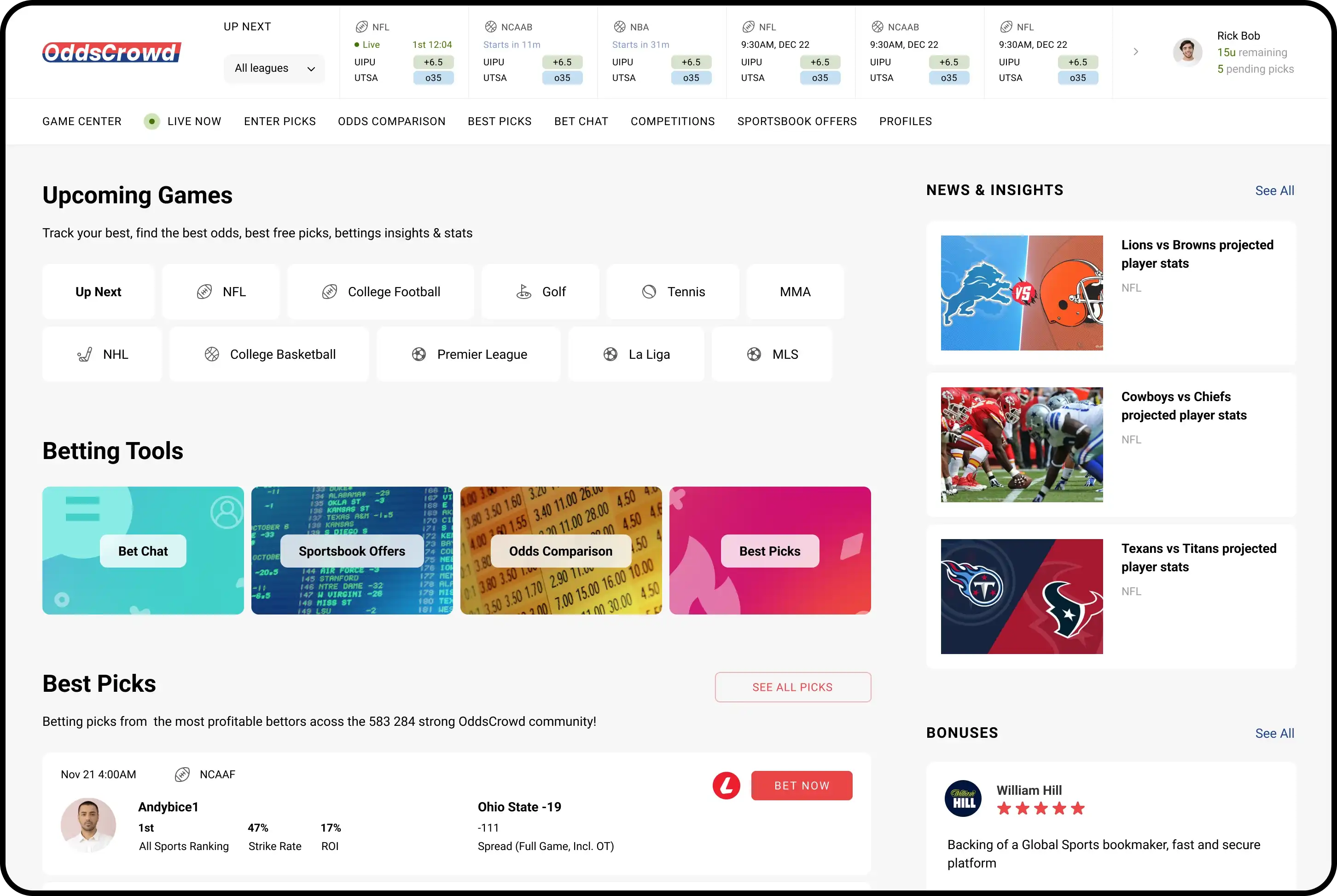 OddsCrowd web dashboard showing live sports odds and betting interface.