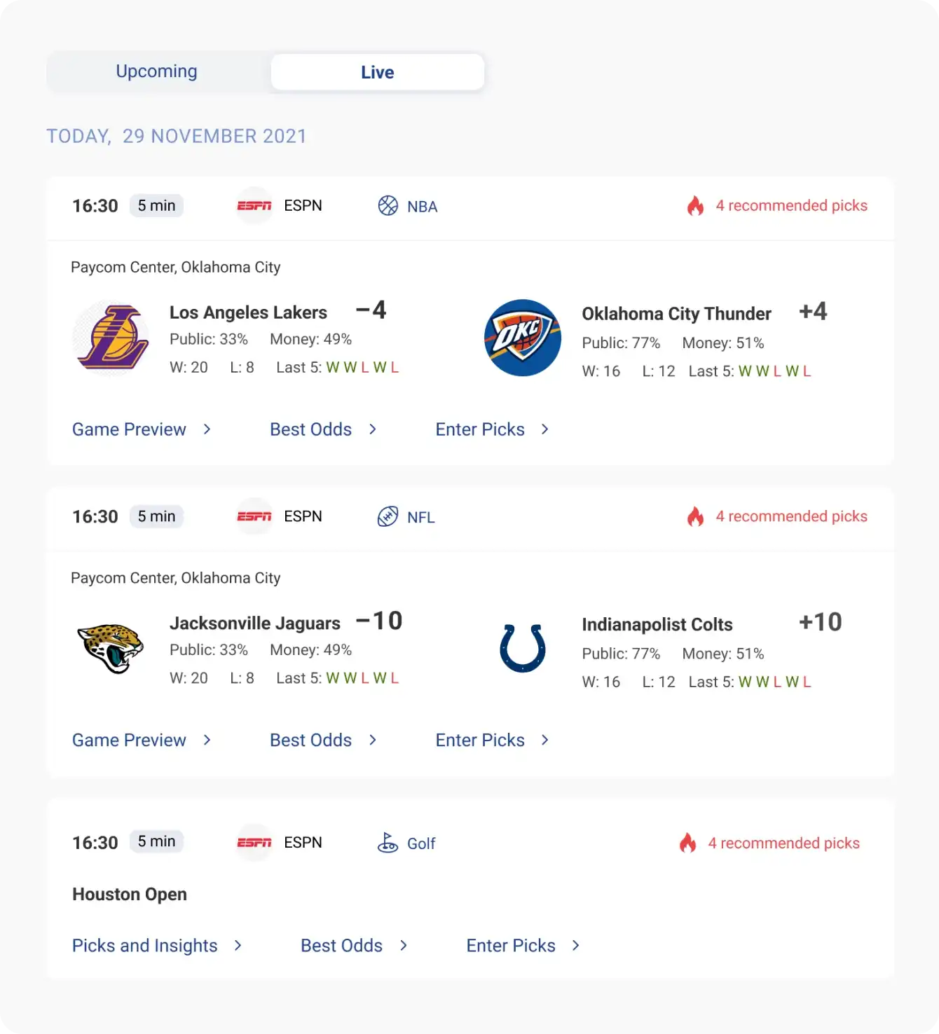 OddsCrowd live events screen showing in-progress matches and odds.