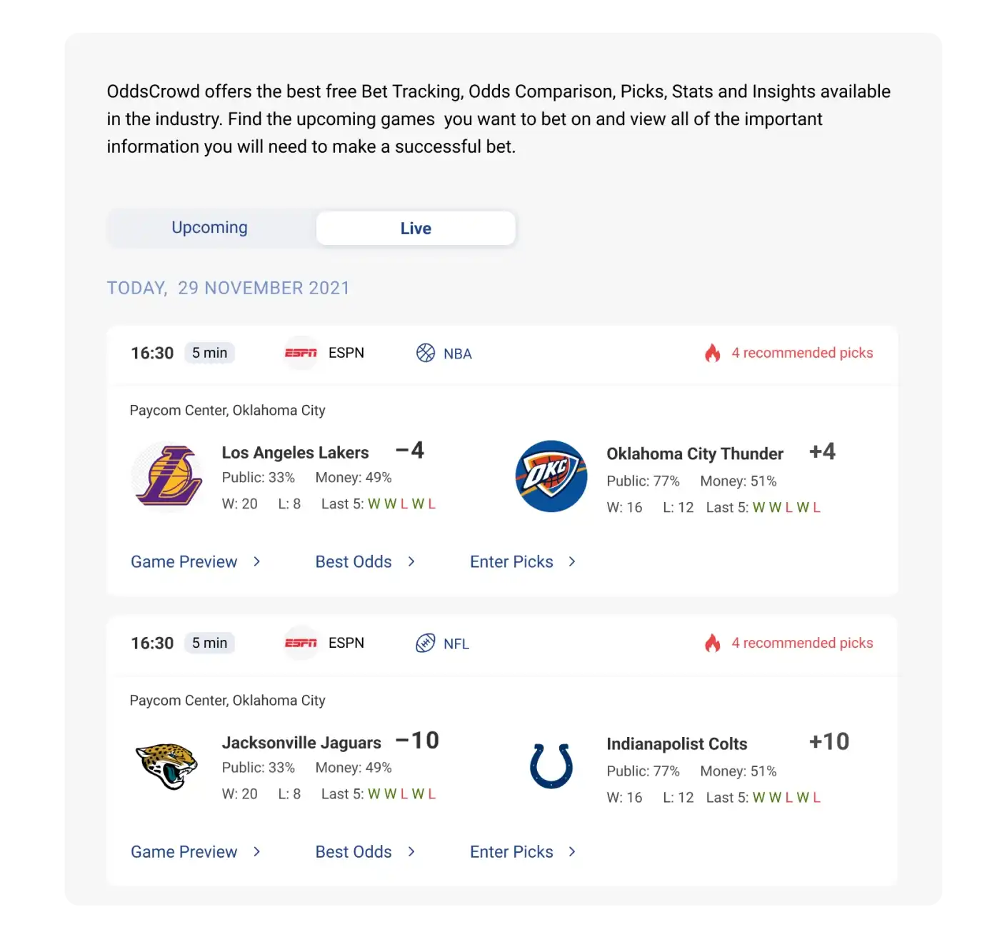 OddsCrowd live events screen showing in-progress matches and odds.