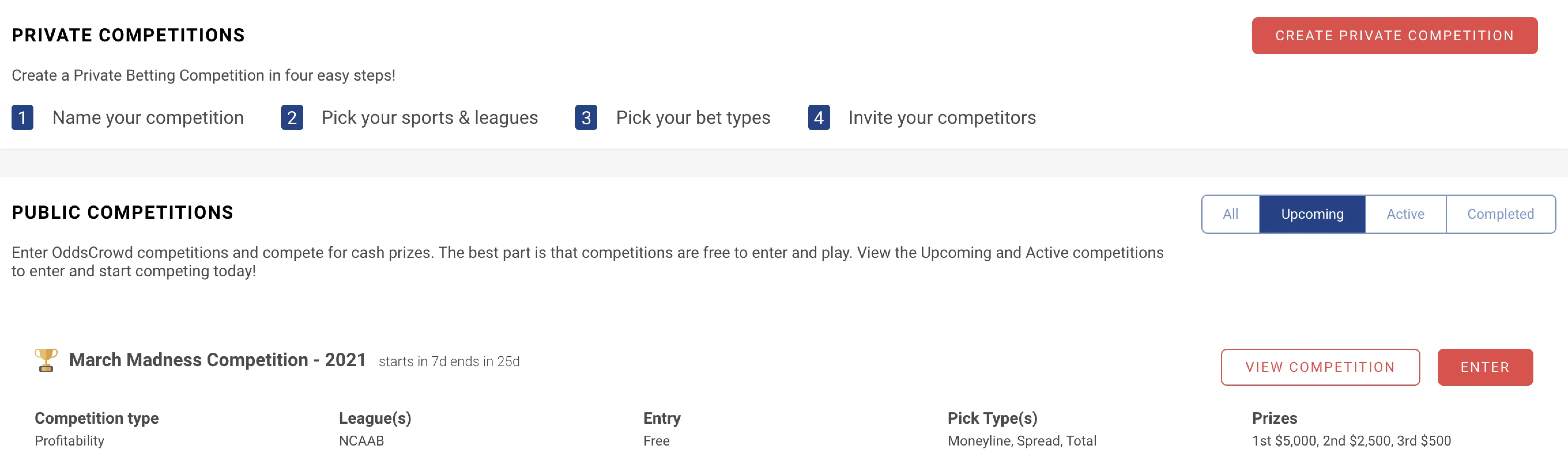 OddsCrowd competitions page with private competition steps and an upcoming public competition.