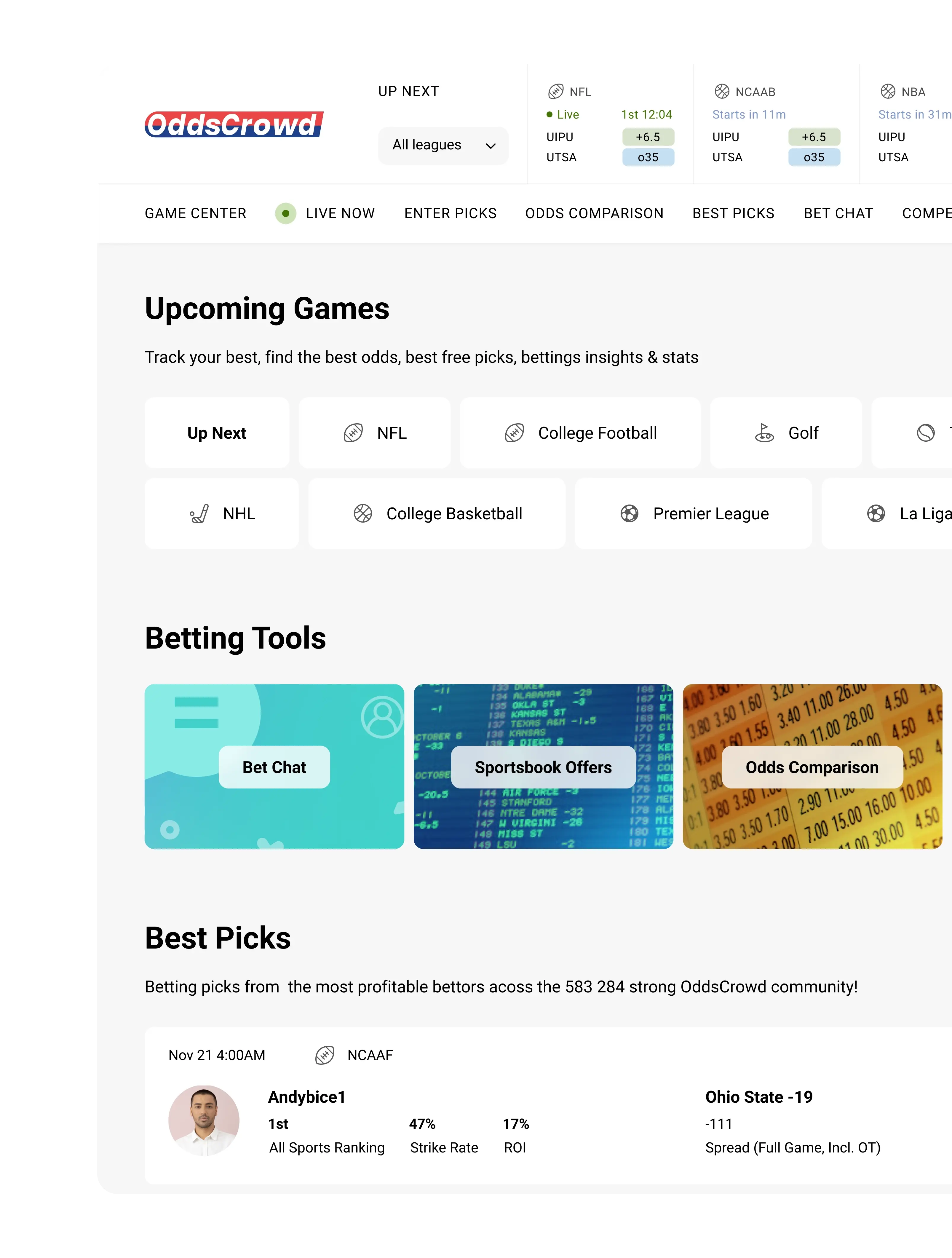 OddsCrowd main page with upcoming games, betting tools, best picks, and a news and bonuses sidebar.