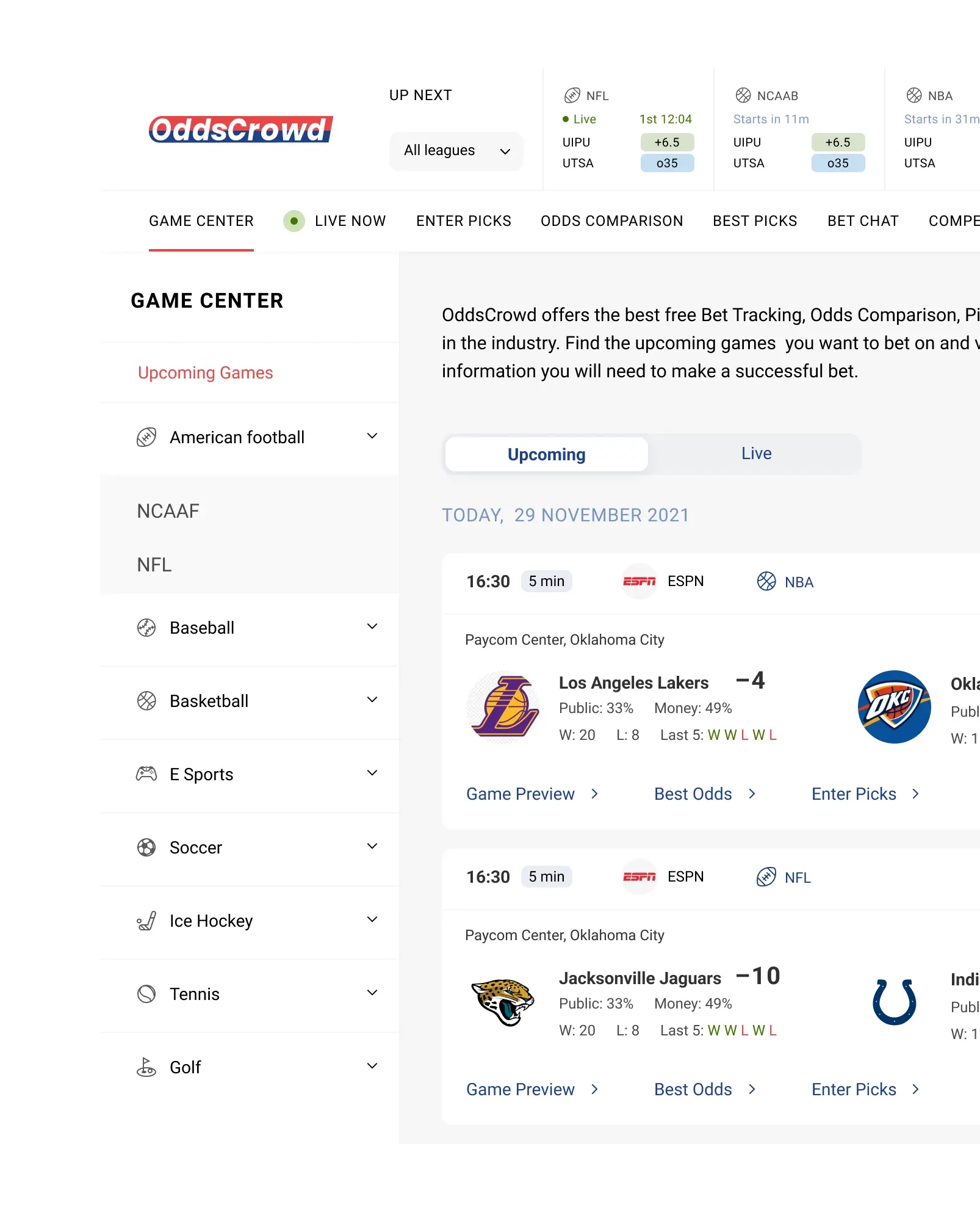 OddsCrowd game center with a sports sidebar, upcoming games, and MLB betting resources.