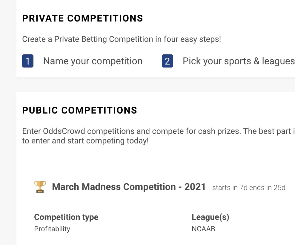 OddsCrowd competitions page with private competition steps and an upcoming public competition.
