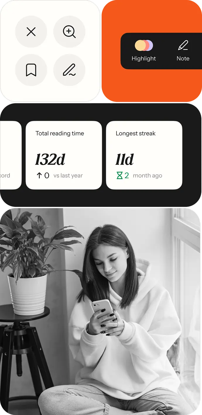 App controls and reading statistics cards beside a photo of a young woman reading on a phone.