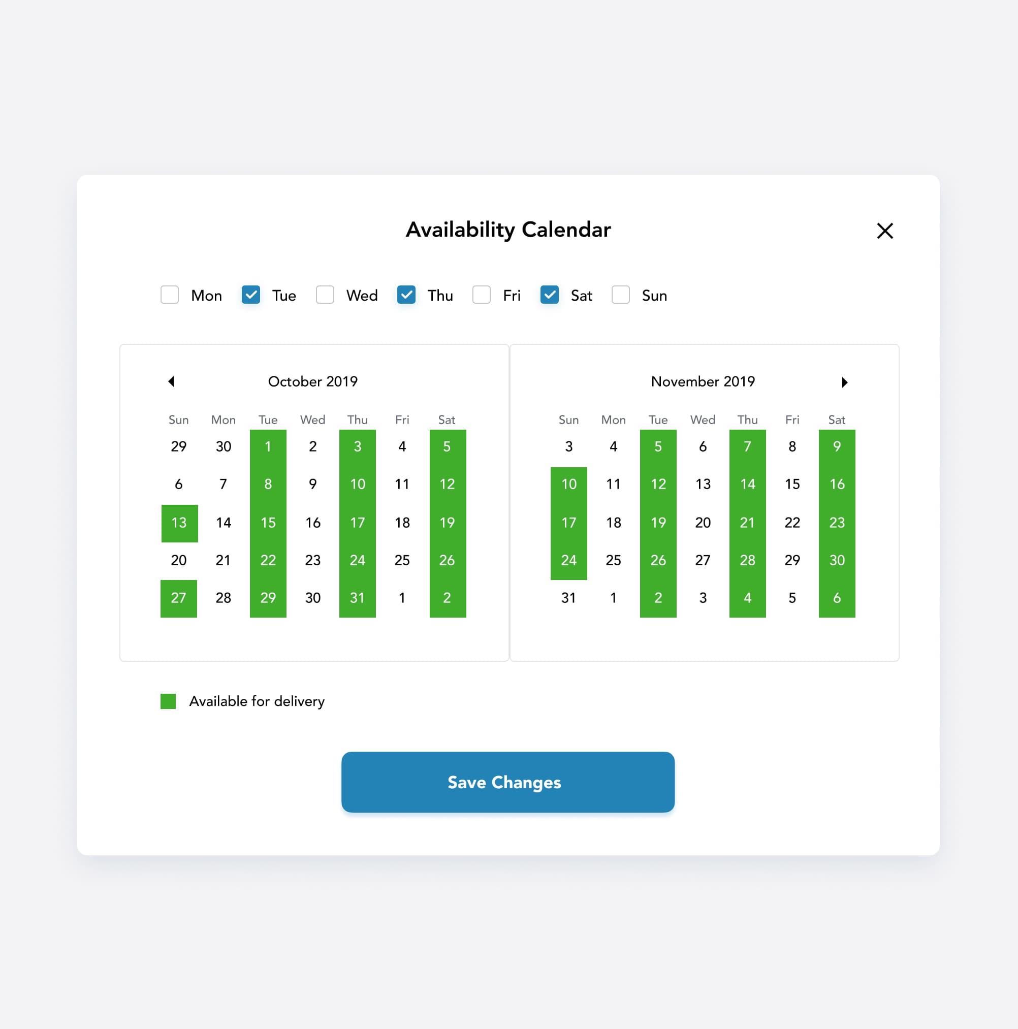 ShipMe availability calendar modal marking driver delivery days across two months.