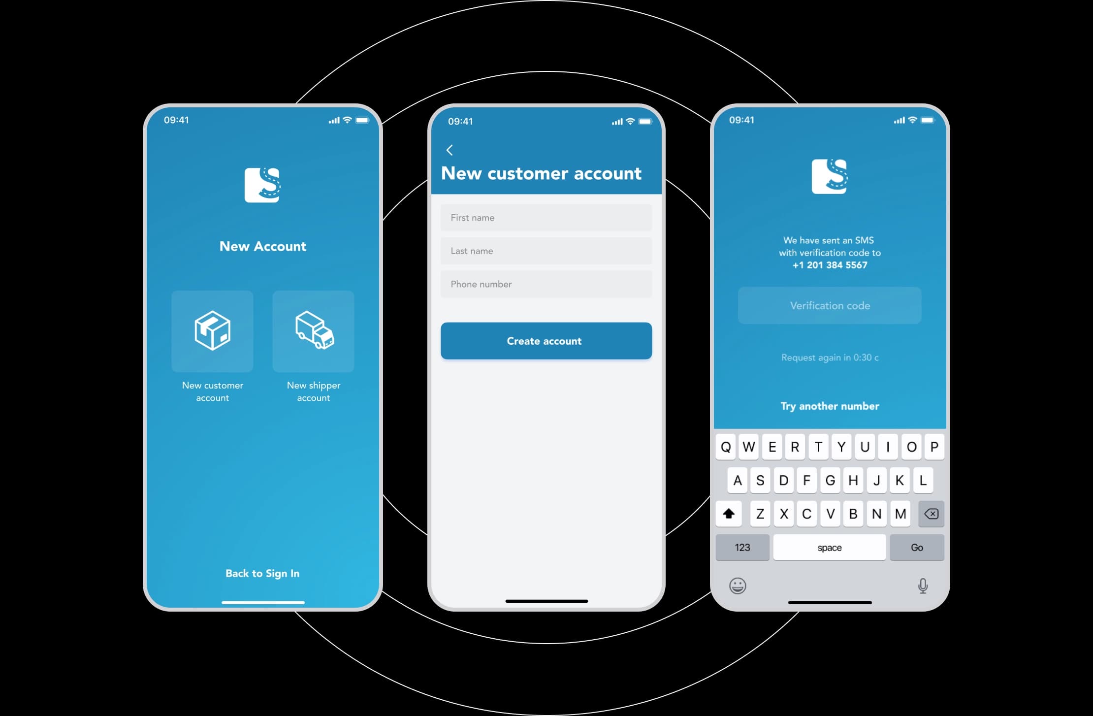 Three ShipMe mobile screens for new customer account signup and SMS verification.