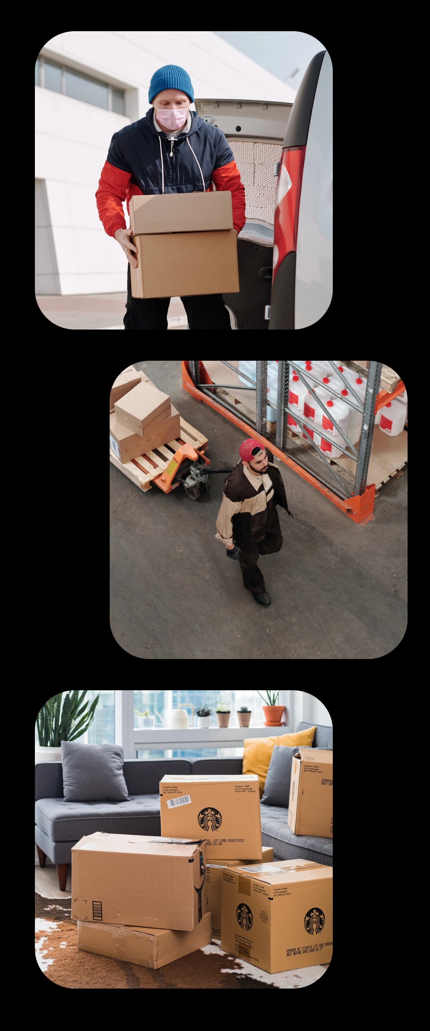 Three photos: a courier carrying a parcel, a warehouse worker moving a pallet, and delivery boxes stacked in a living room.