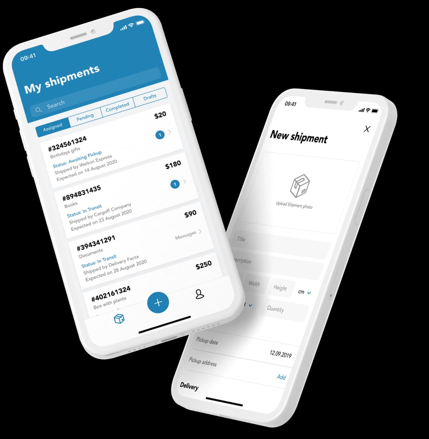 Two ShipMe phones showing the shipments list and new shipment creation screens.