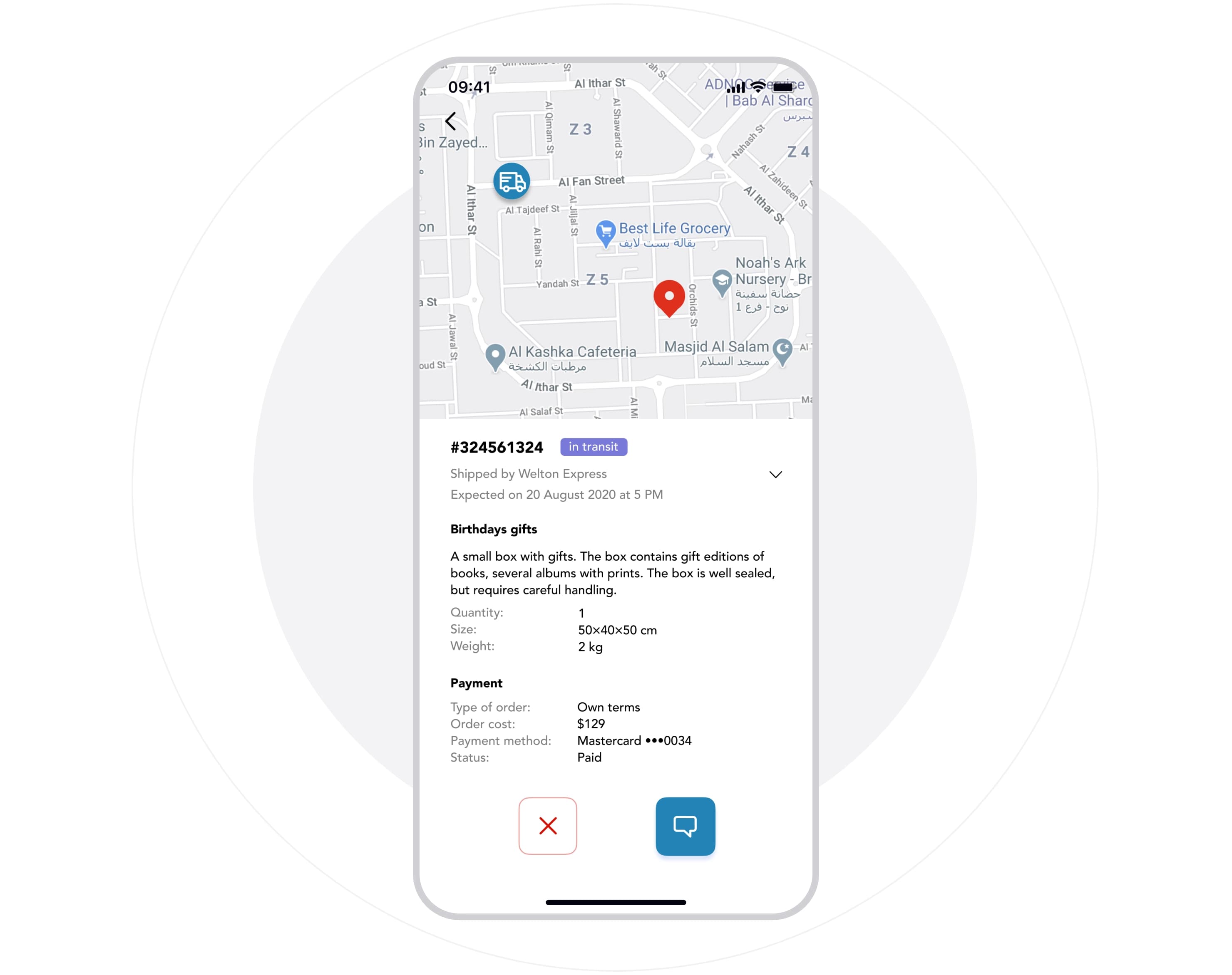 ShipMe phone showing shipment tracking on a map with parcel and payment details.