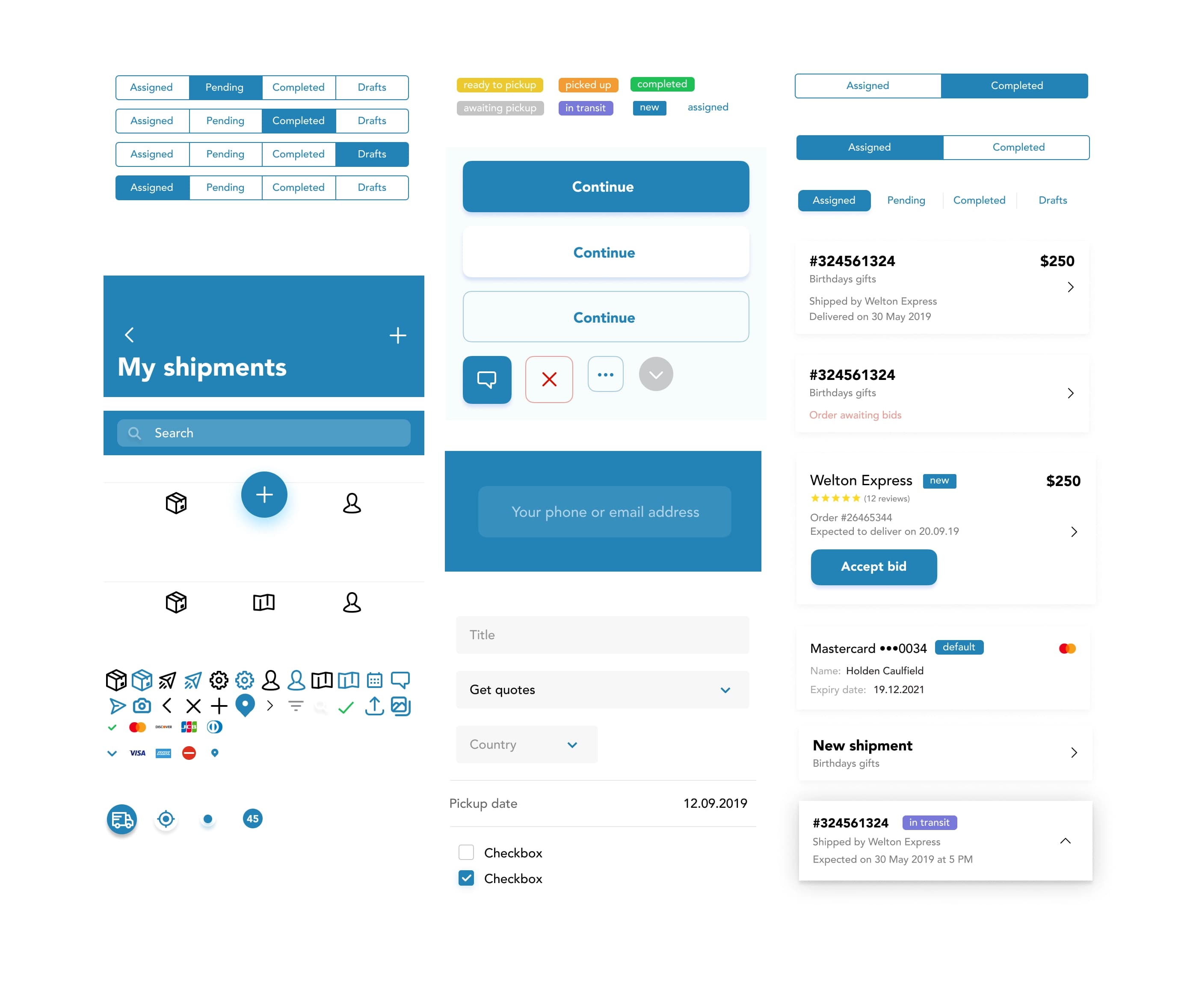 ShipMe UI kit with buttons, tabs, inputs, icons and shipment card components.