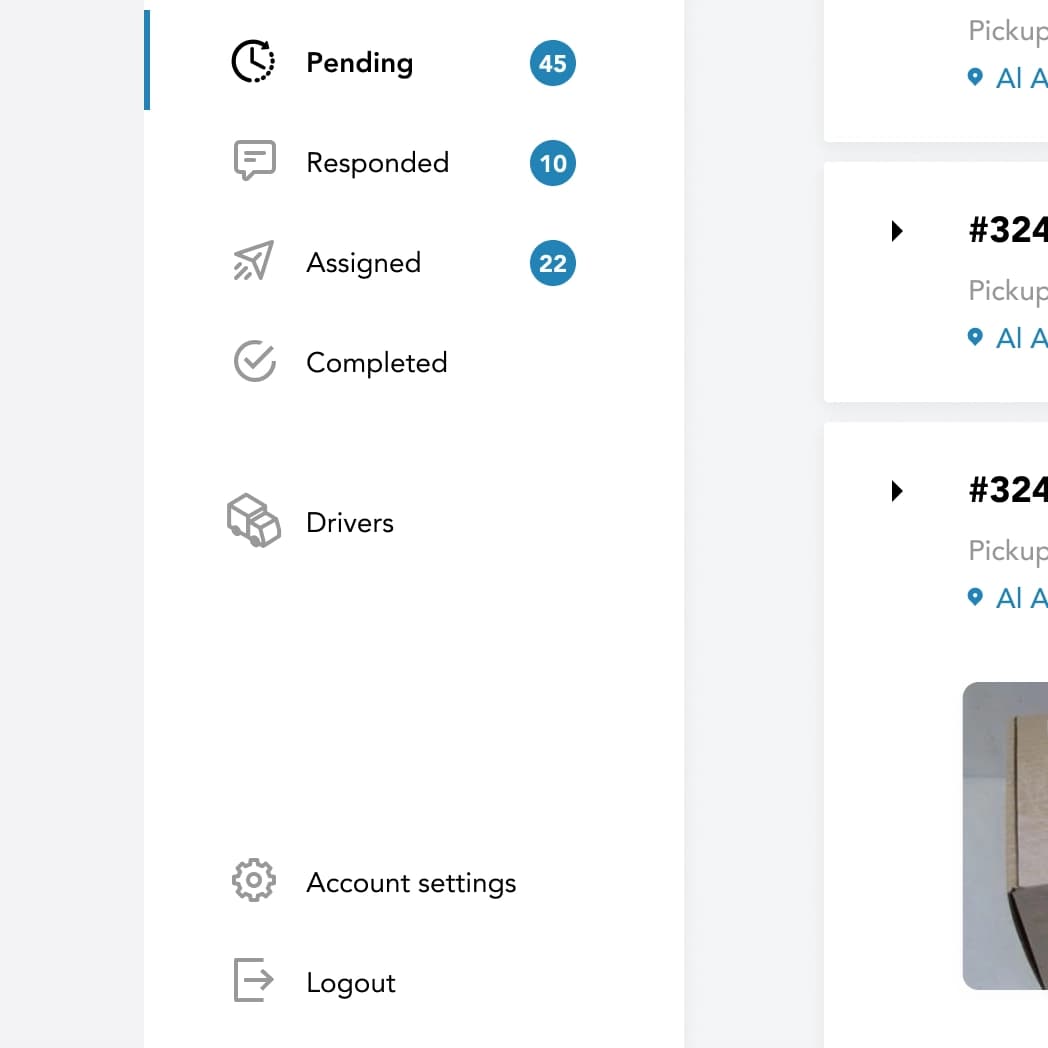 ShipMe web app sidebar with the orders sections pending (45), responded (10), assigned (22) and completed, followed by drivers, account settings and logout.