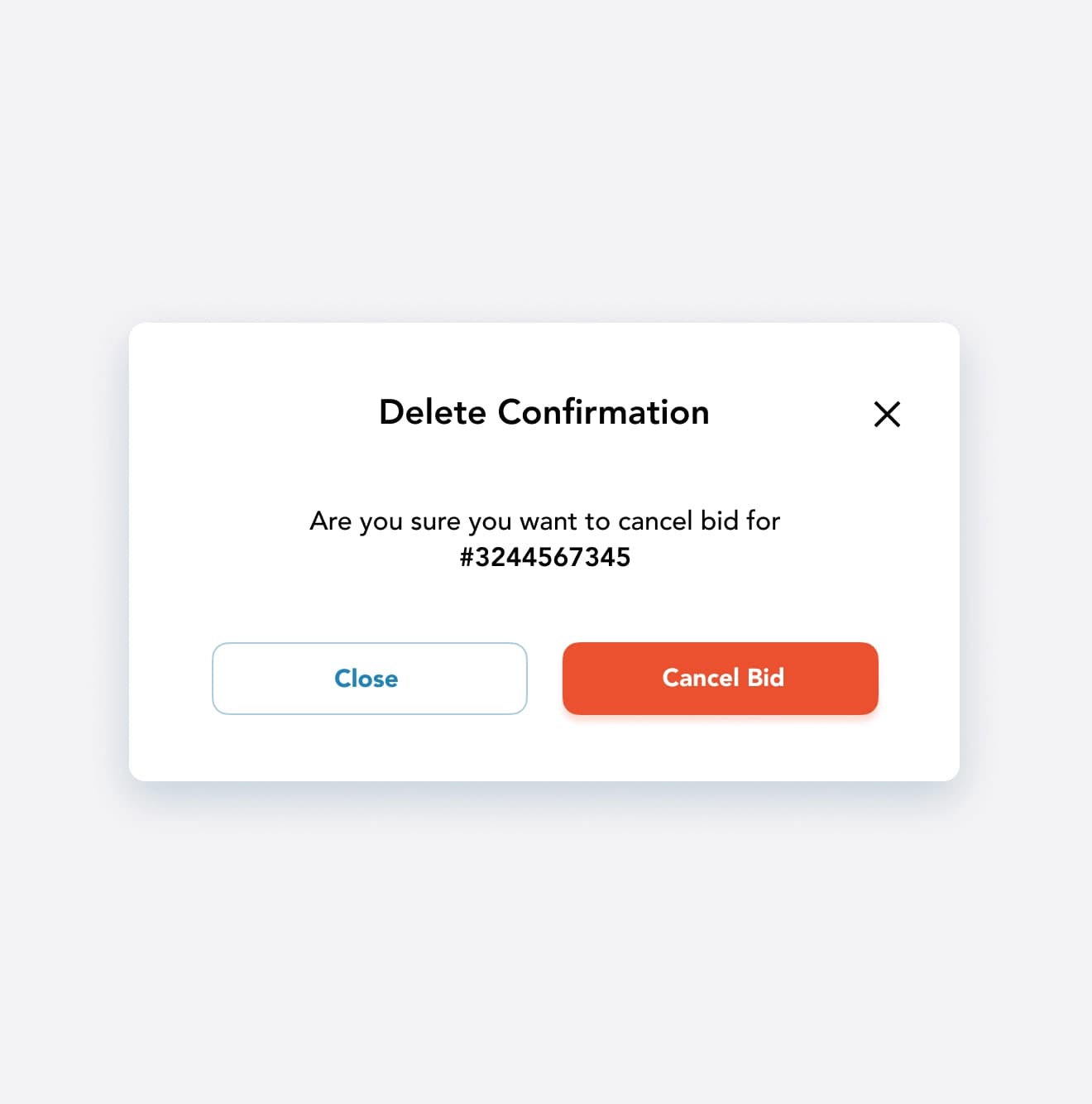 ShipMe web app delete confirmation dialog for canceling a shipment bid.
