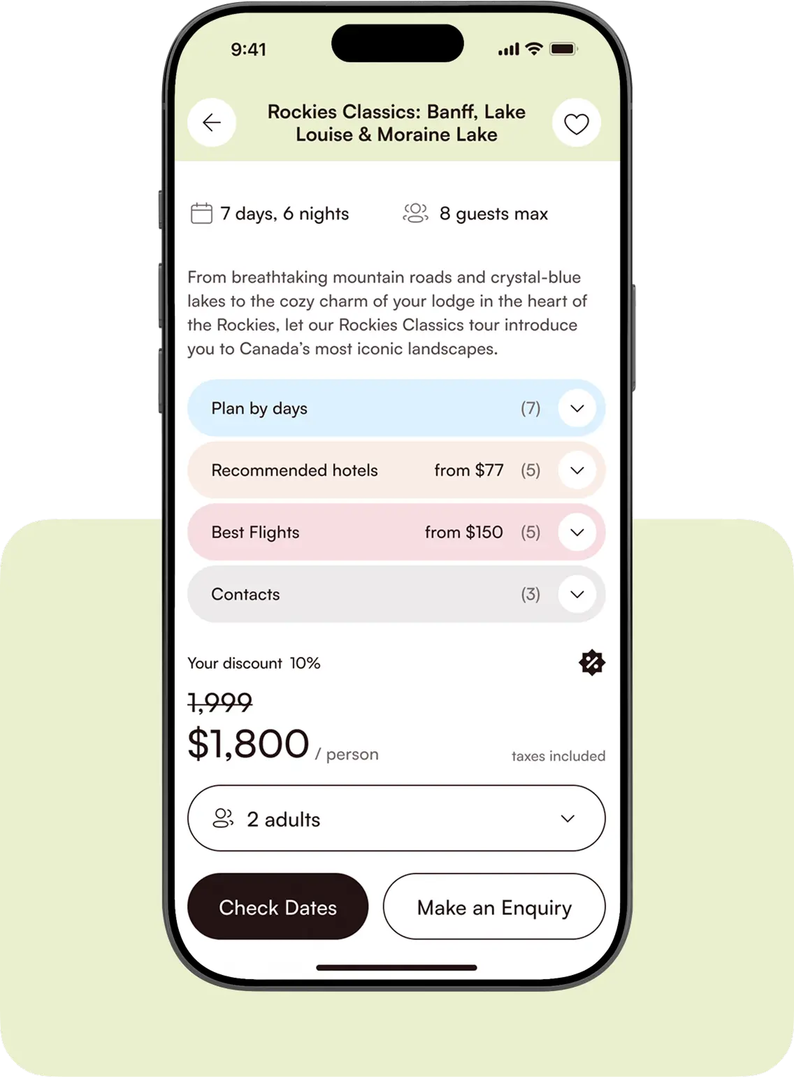 Phone showing a tour page with itinerary sections, discounted price, and booking buttons.