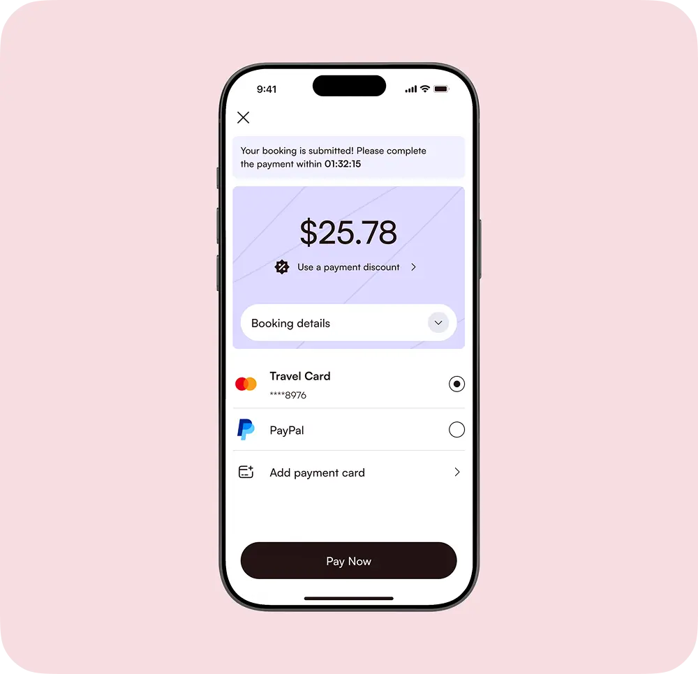 Phone showing a booking payment screen with card and PayPal options and a payment timer.