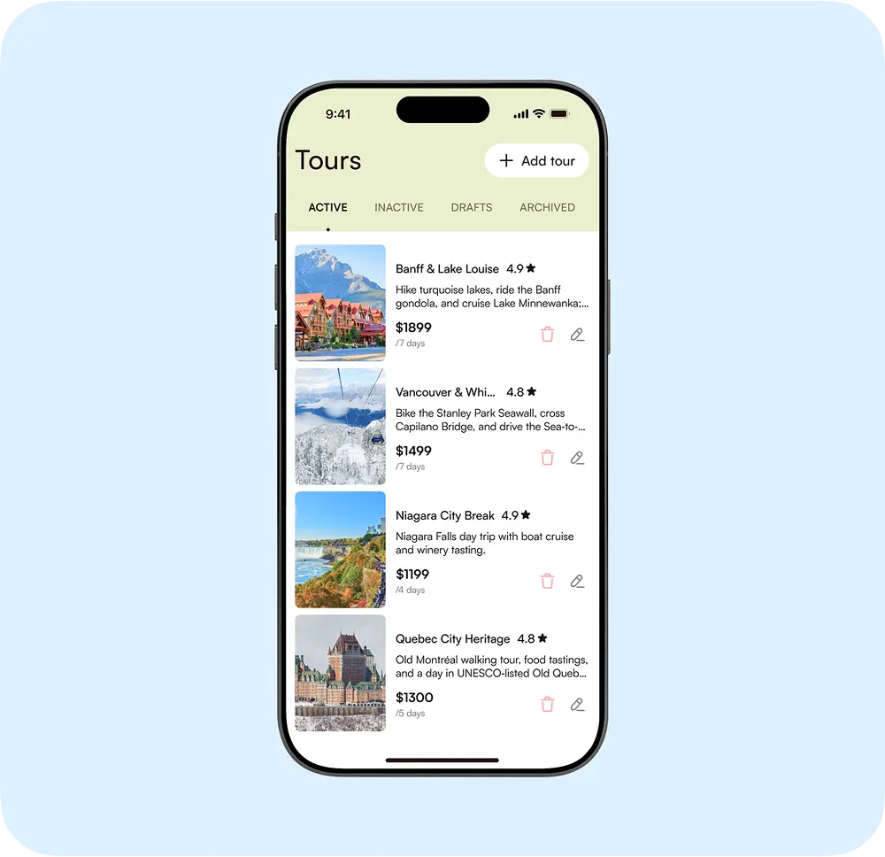Phone showing the partner tours list with prices, ratings, and editing controls.