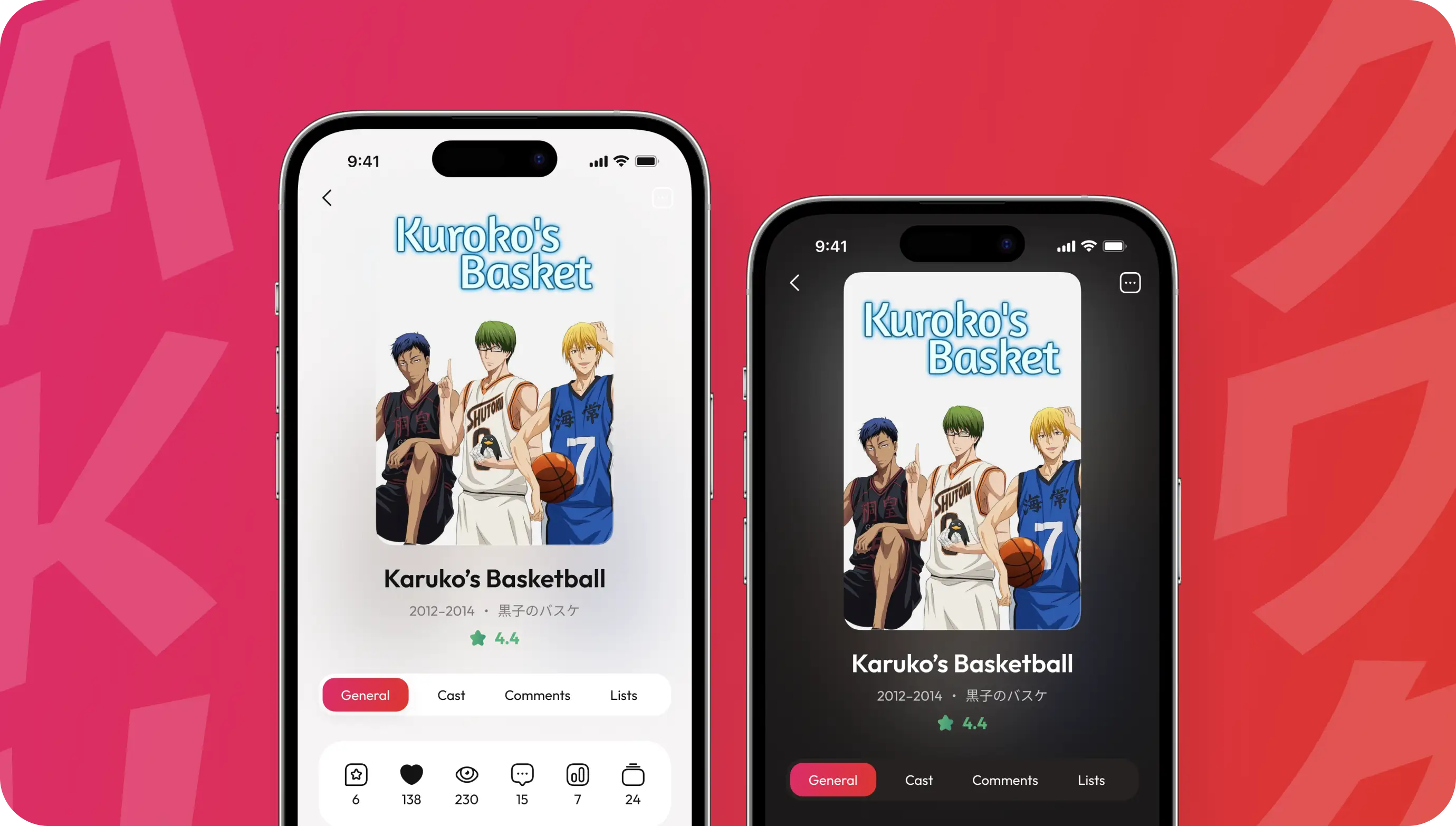WakuWaku movie screen design concept shown in light and dark mode on two phones.