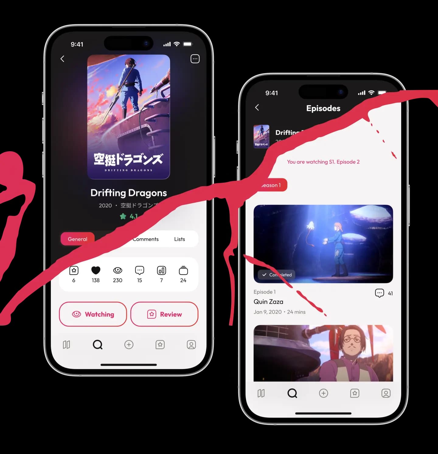 WakuWaku app movie and episode screens shown in dark and light modes.
