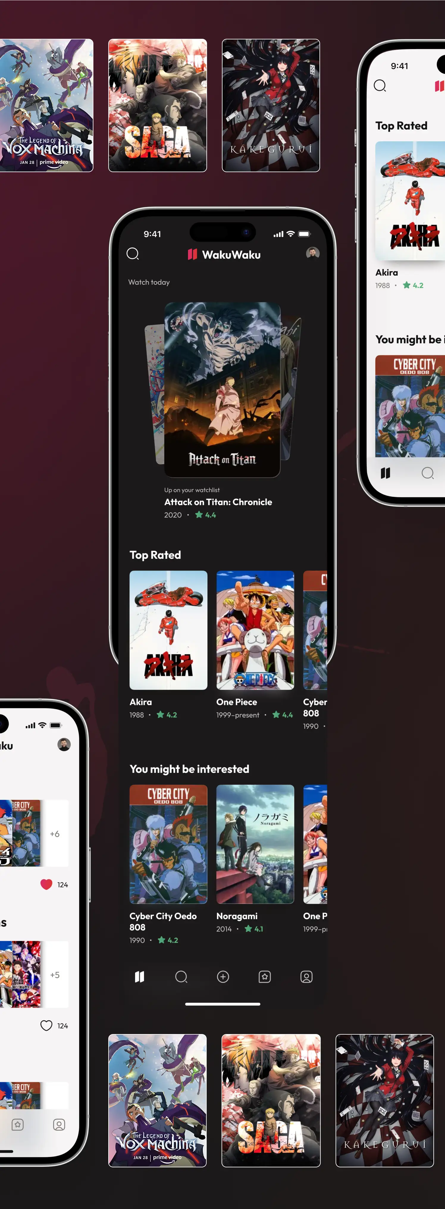 WakuWaku home screen on three phones: the swipeable card deck, themed compilations and Top Rated.