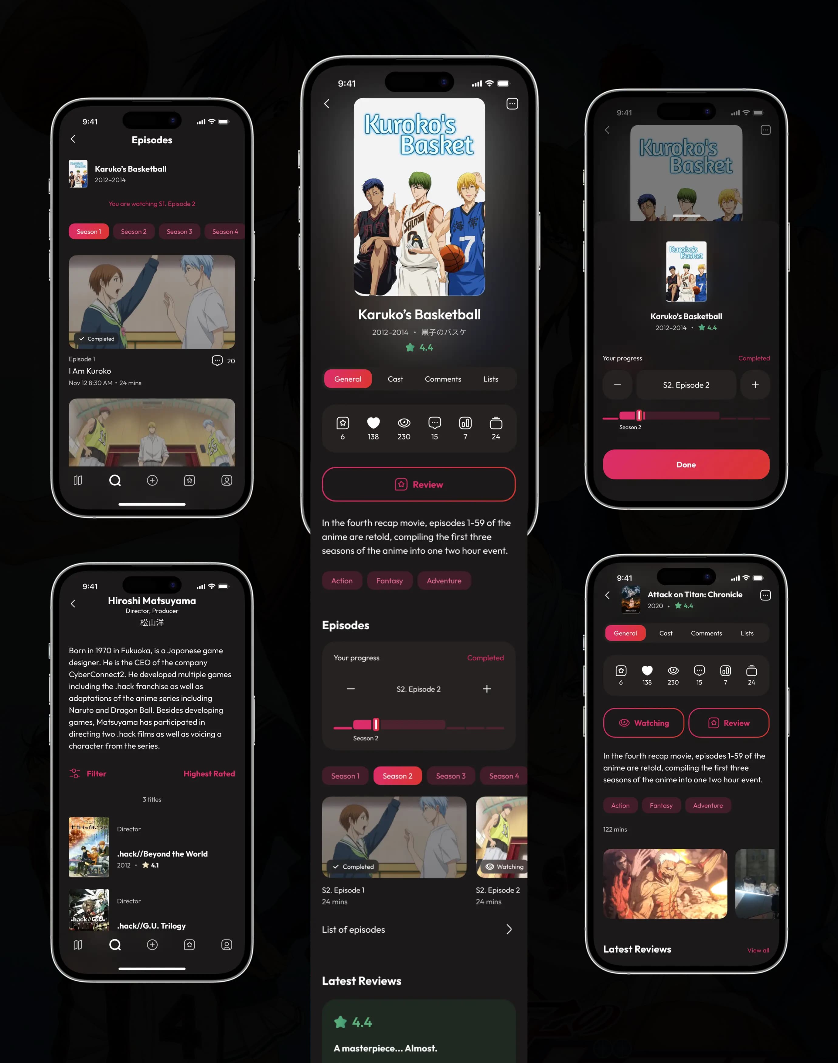 WakuWaku app movie detail, episodes, and cast screens on mobile.
