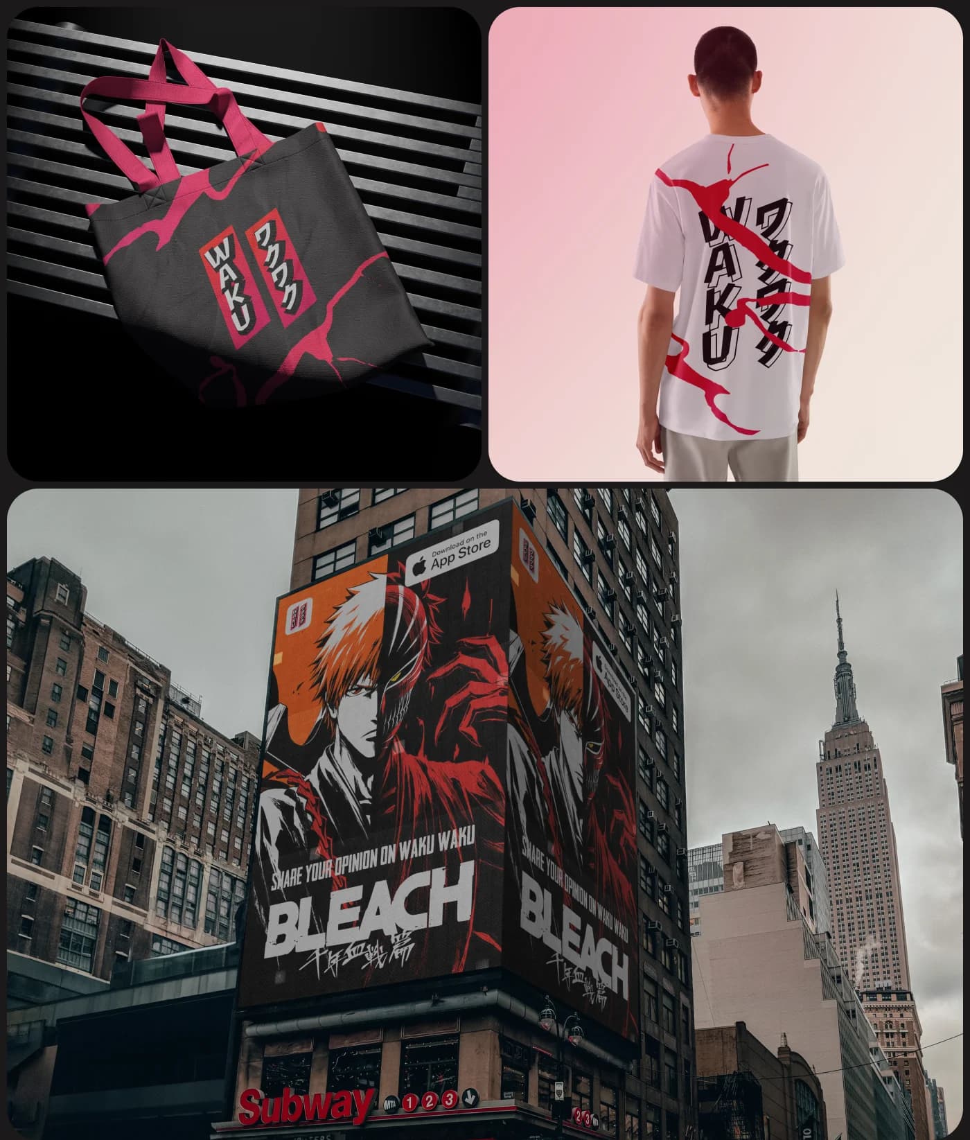 WakuWaku branded tote bag, T-shirt, and city billboard mockups.
