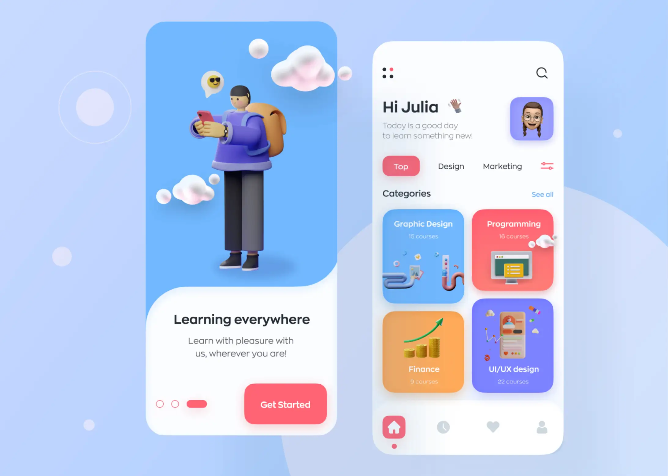 Mobile learning app design: onboarding screen and course category home screen