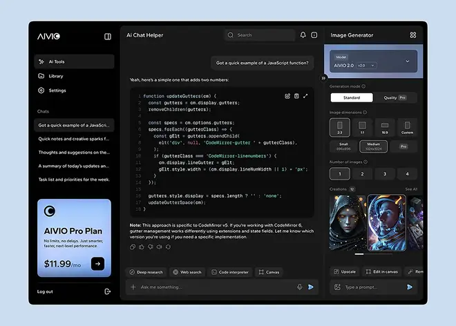 AI assistant app design: home screen, chat interface, and image generator screens