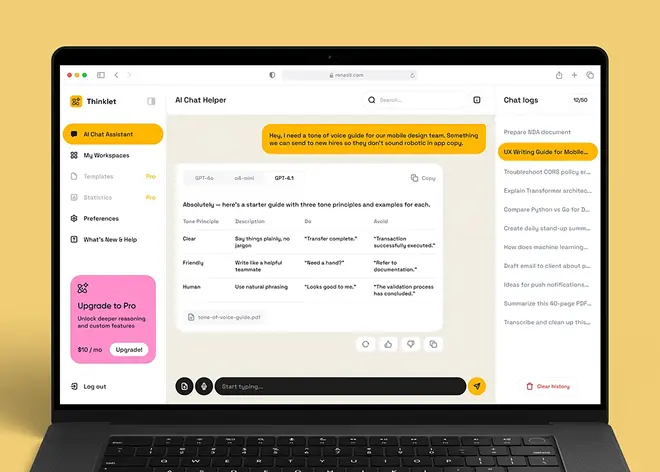 AI chat assistant web app design with a yellow accent theme