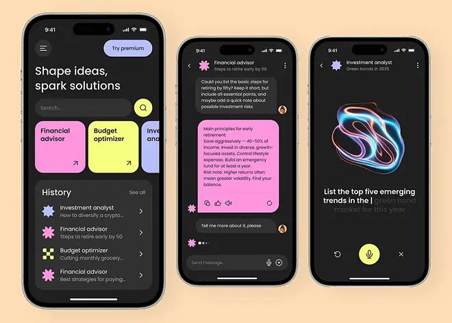 AI financial assistant mobile app design with a dark theme