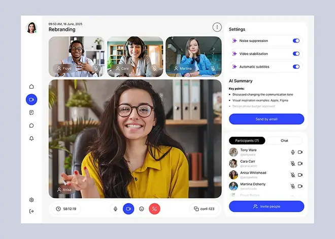 AI-powered video call app design with a live meeting summary