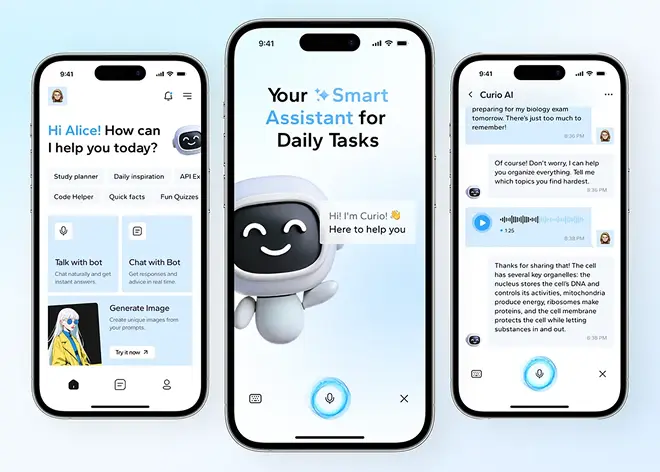 AI smart assistant app design: chat screens and a robot mascot