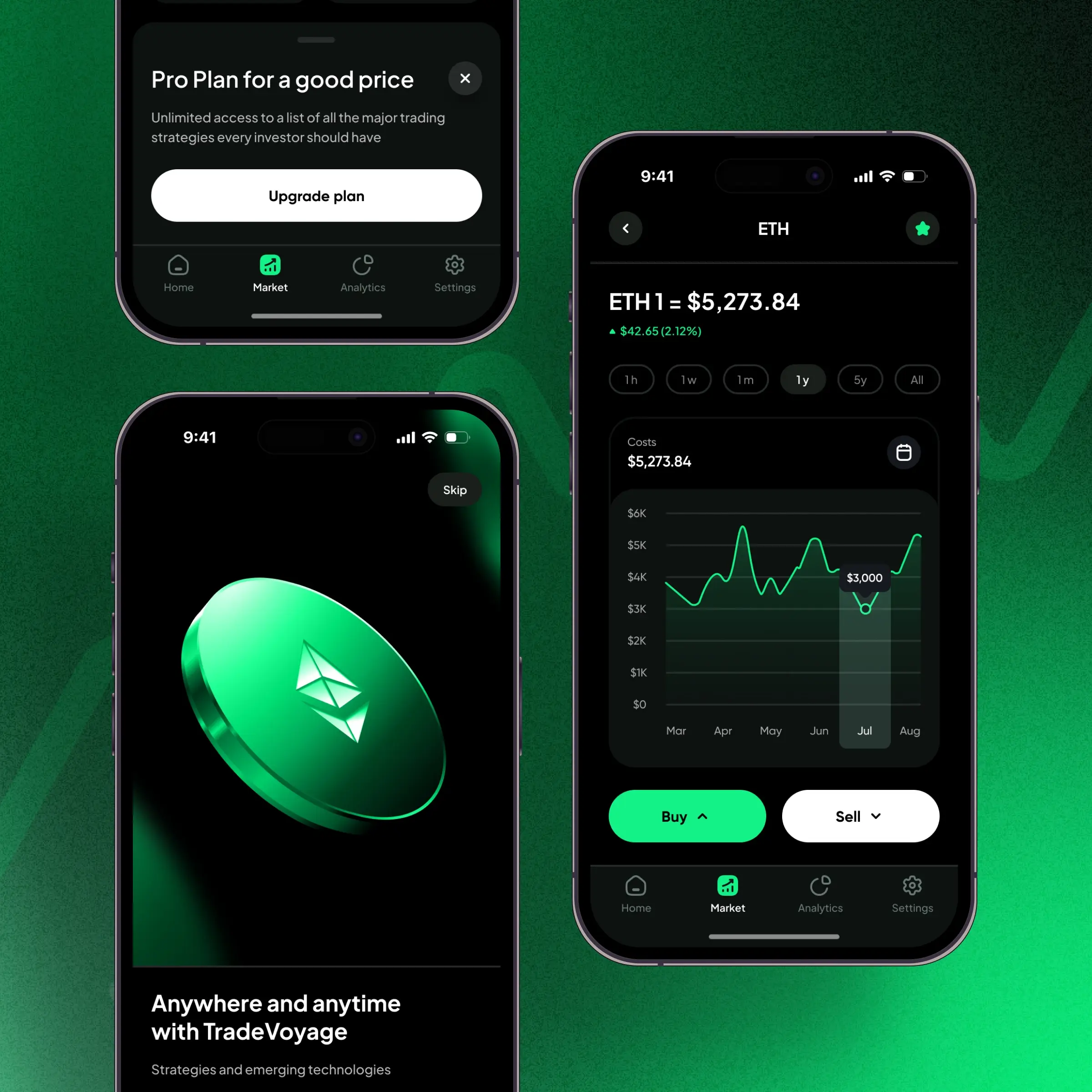TradeVoyage crypto trading app screens showing an ETH price chart and an onboarding coin animation