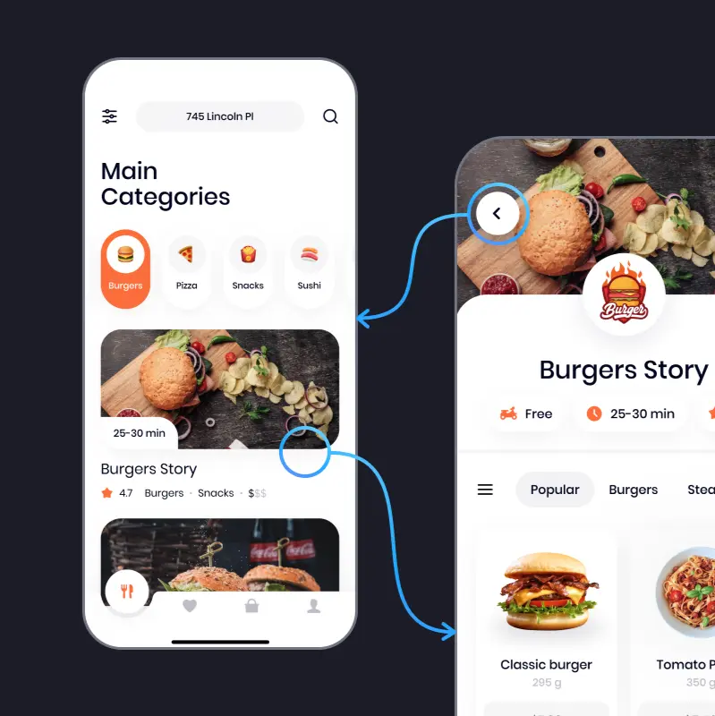 A screenshot of a food delivery mobile application demonstrating its navigation. Tapping on a restaurant image opens the menu. The image itself transforms into a "back" button, allowing the user to return to the list of restaurants.