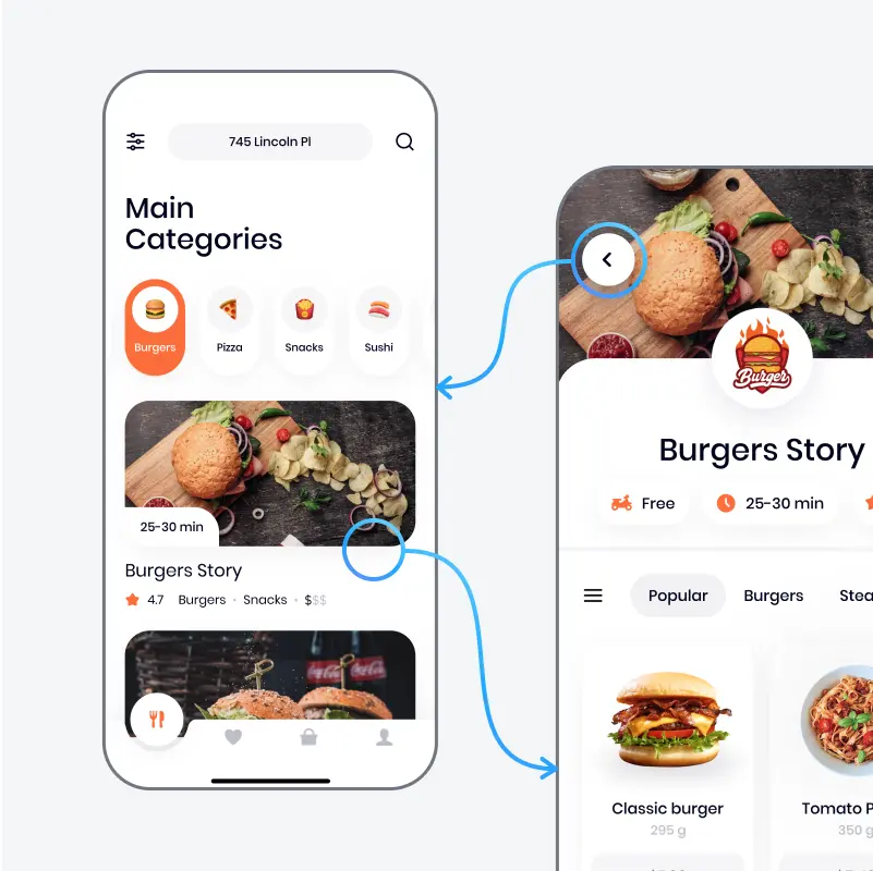 A screenshot of a food delivery mobile application demonstrating its navigation. Tapping on a restaurant image opens the menu. The image itself transforms into a "back" button, allowing the user to return to the list of restaurants.