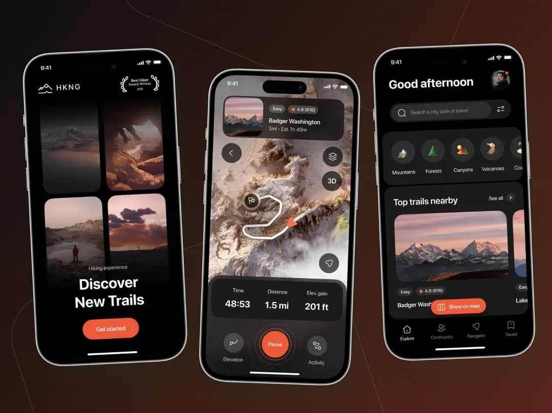 Three screens showcasing a hiking mobile application UI/UX design. the first screen prompts users to "Get Started," while the second screen displays a map with a selected hiking route and progress tracking. the third screen features a "Discover New Trails" section, highlighting nearby hiking options.