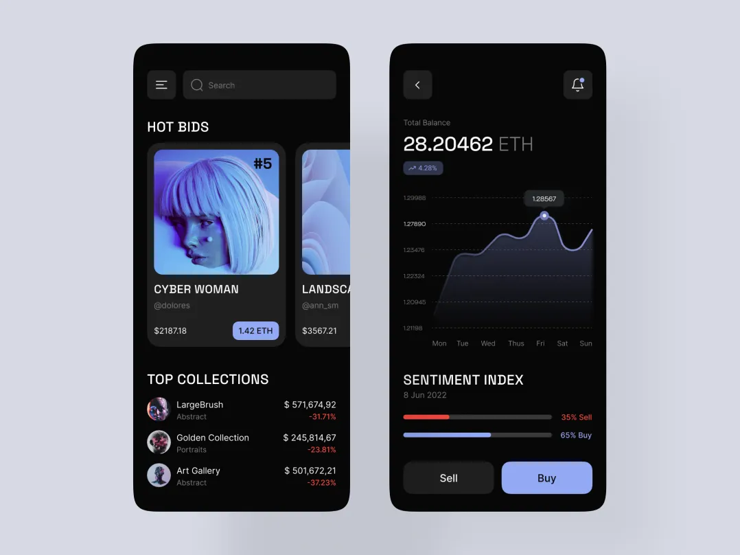 A dark mode UI/UX design of an NFT mobile application, allowing users to view collections and buy NFTs.