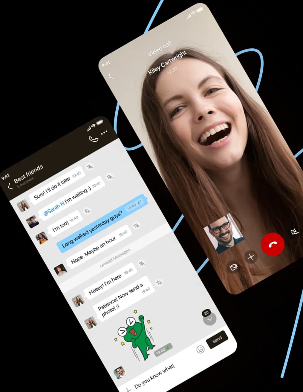Chat app screens: group messaging and a video call interface