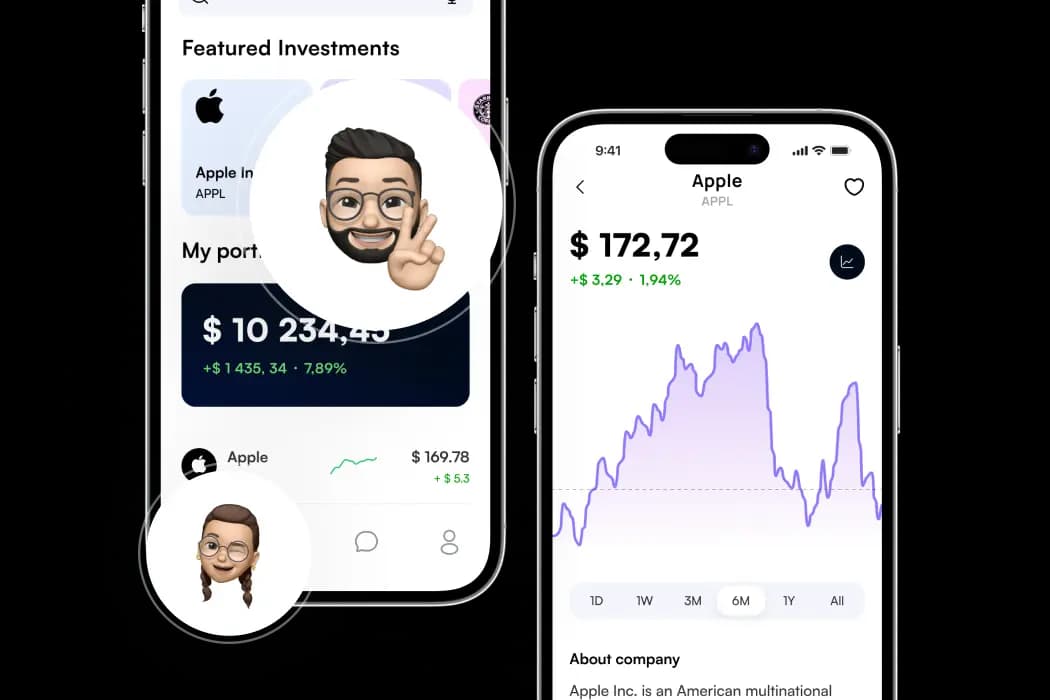 Investment app screens: portfolio balance and a stock price chart
